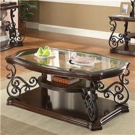 Traditional Coffee Table with Tempered Glass Top & Ornate Metal Scrollwork